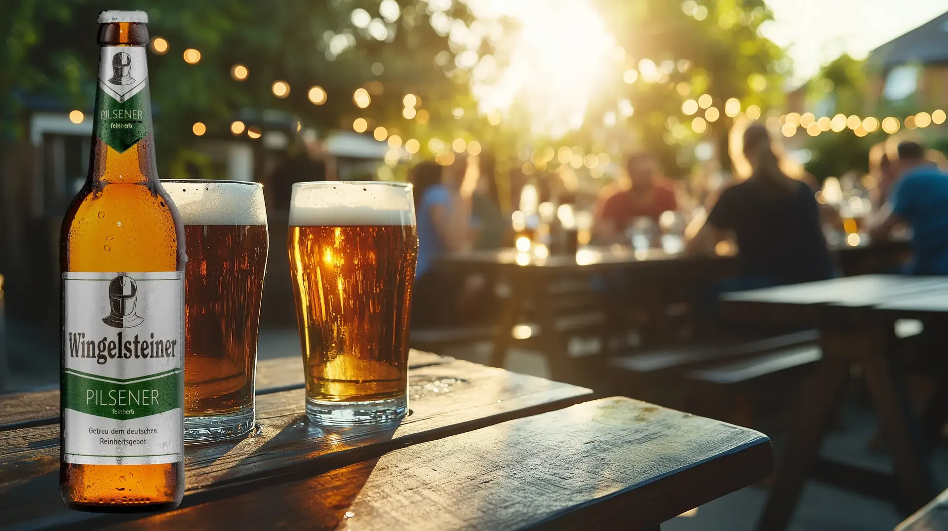 Bierflasche und gefüllte Biergläser auf einem Tisch im Biergarten